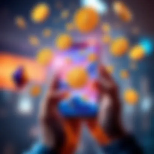 Crypto Bonuses Concept A person holding a smartphone with cryptocurrency logos and bonus icons floating around.