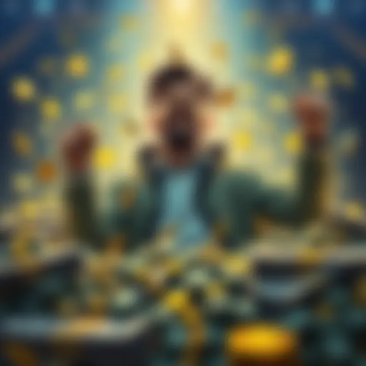 Crypto Cash Out A person celebrating their big win with piles of cash and cryptocurrency symbols around them.