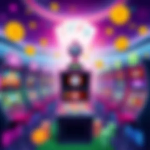 A vibrant illustration of a digital casino with colorful slot machines and cryptocurrency symbols, showcasing fair gaming and excitement