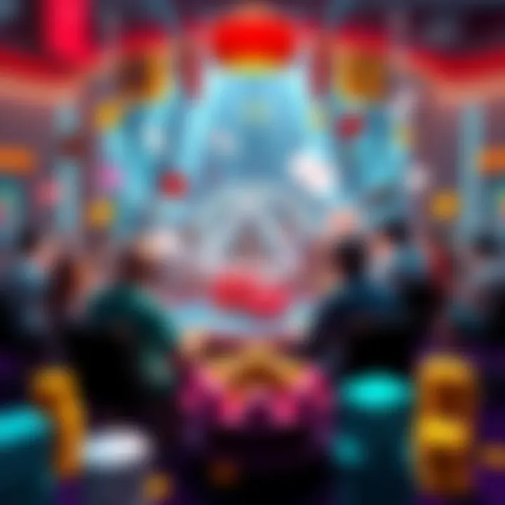 A vibrant digital scene showing people creating their own casino games on a crypto platform, surrounded by icons of dice, cards, and coins.