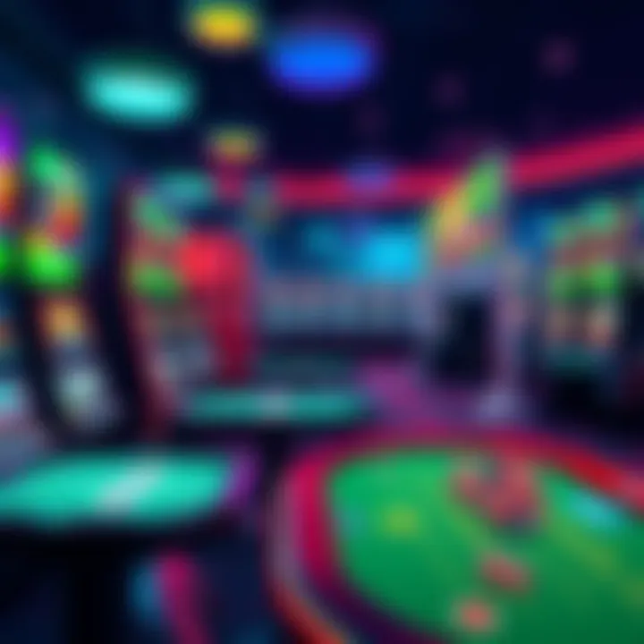 A colorful display of crypto casino games with slot machines and poker tables
