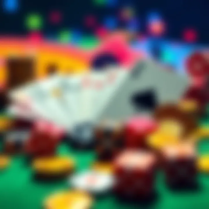 Crypto Casino Gaming Scene A colorful display of playing cards, dice, and digital coins representing crypto casinos, showcasing Gamdom, Shuffle, and Duelbits.