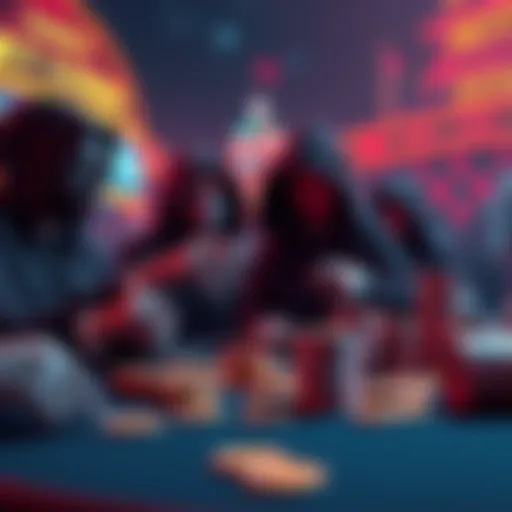 A digital illustration showing a casino scene with crypto coins and masked individuals exchanging chips, symbolizing money laundering activities in gambling.