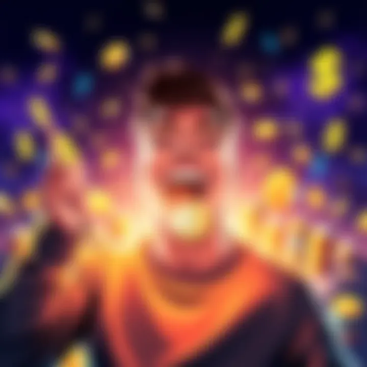 Graphic showing a person excited about receiving a cryptocurrency bonus with dollar signs and coins in the background.