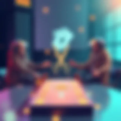 Illustration of players engaging in an online rock, paper, scissors game with cryptocurrency stakes