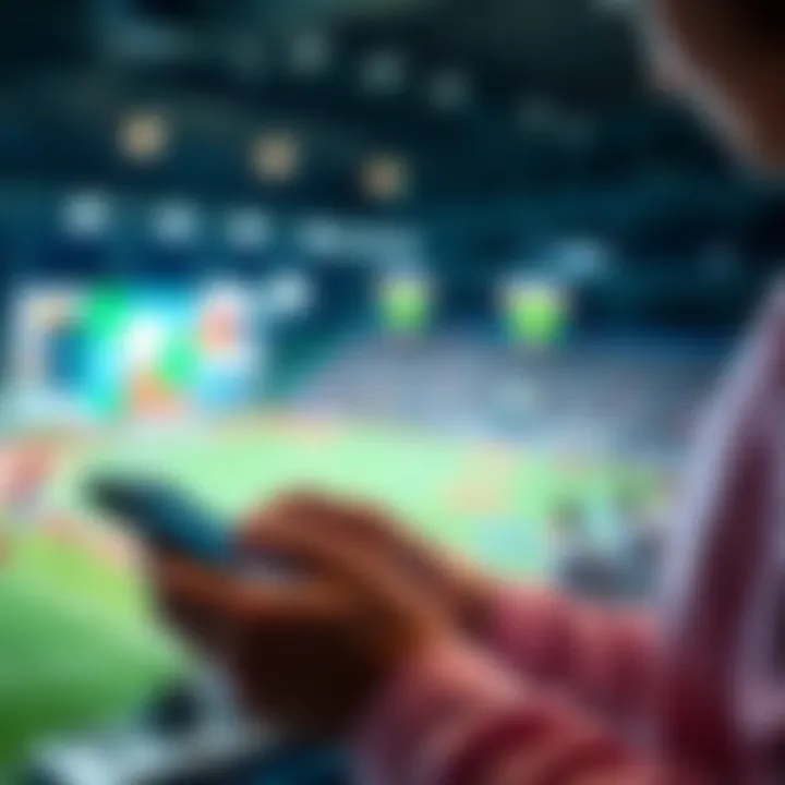 A person placing a bet on a mobile device with sports graphics in the background