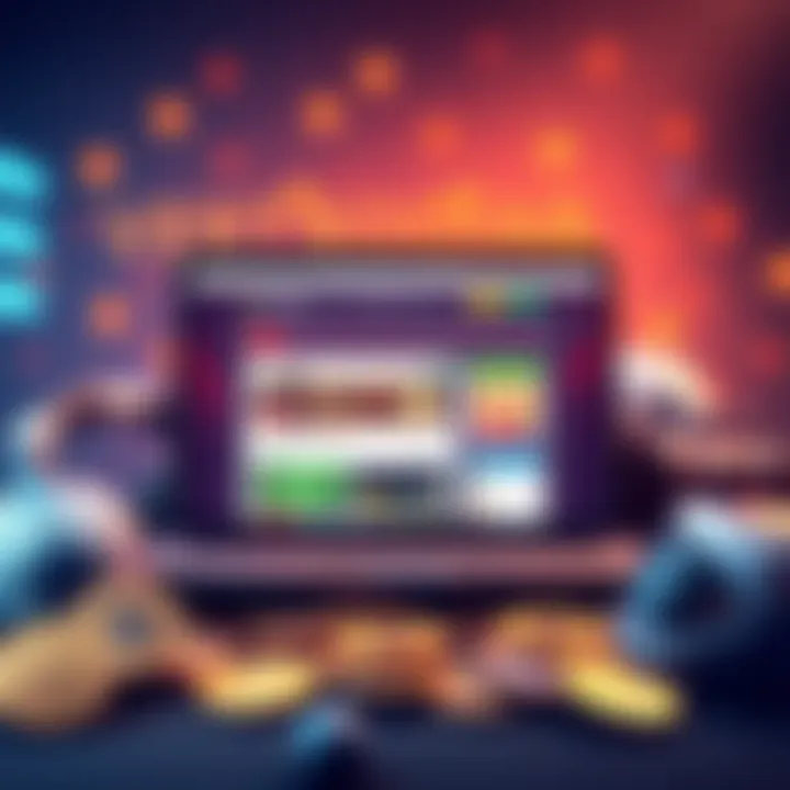 An illustration showing a laptop displaying a crypto sportsbook website, surrounded by coins and sports equipment, representing online betting with cryptocurrency.