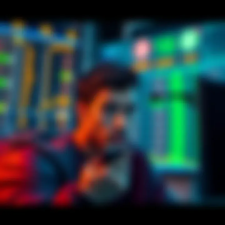 A digital representation of a person looking puzzled while checking transaction status on a crypto sportsbook, with currency symbols and a computer screen in the background.