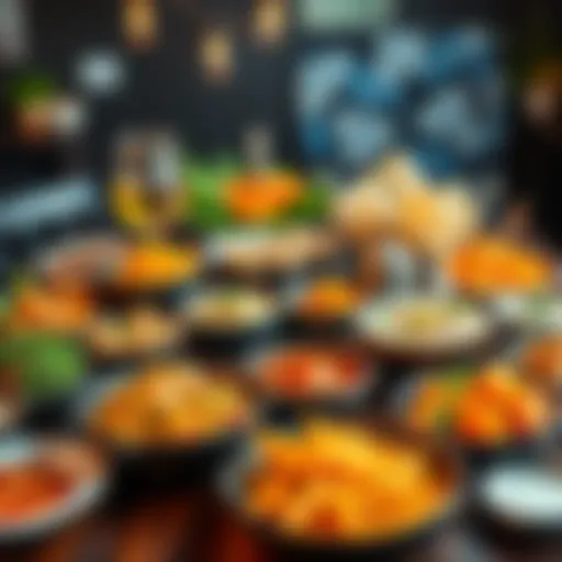A colorful spread of various international dishes on a table, showcasing diverse flavors and cuisines.
