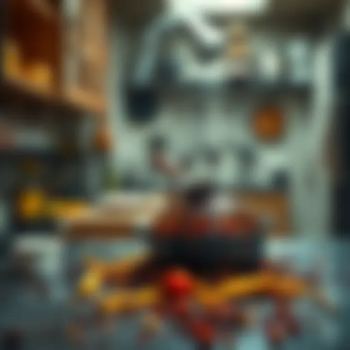 Culinary Disaster A messy kitchen with burned food and spilled ingredients