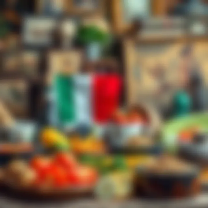 Spanish and Italian cultural symbols A colorful display of traditional Spanish and Italian foods with art and historical references in the background