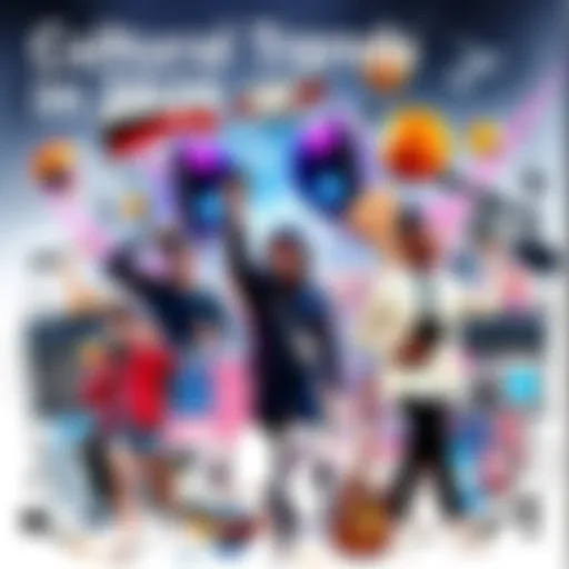 A collage of popular cultural symbols and events representing societal values in 2026, including music, fashion, and technology.