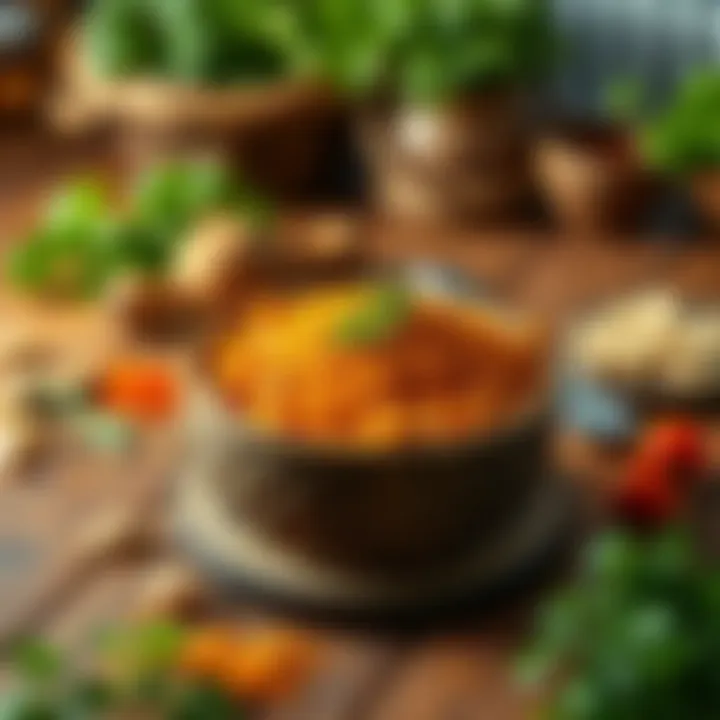 A vibrant bowl of sub cumin on a wooden table surrounded by fresh herbs and spices, showcasing its use in cooking.