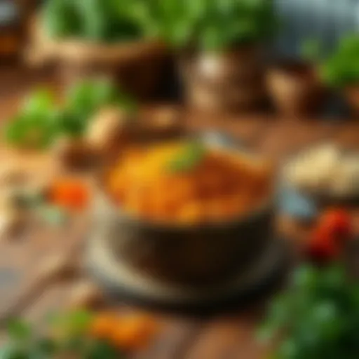 Cumin Spice in Kitchen A vibrant bowl of sub cumin on a wooden table surrounded by fresh herbs and spices, showcasing its use in cooking.