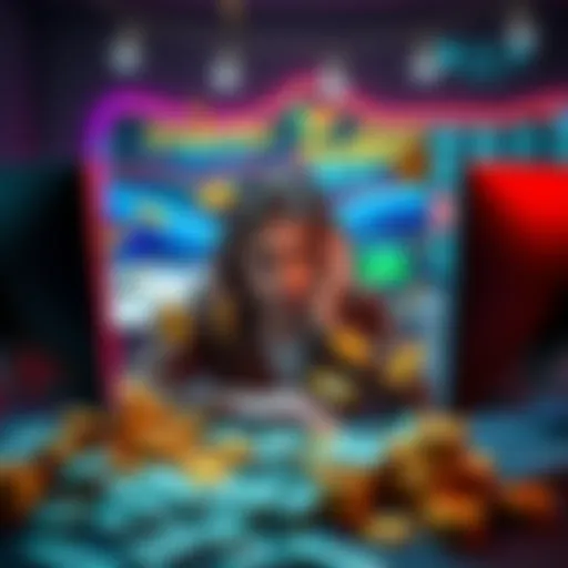 A person sitting at a computer with a frustrated expression while viewing Curaçao online casino websites, surrounded by cash and bonus symbols.