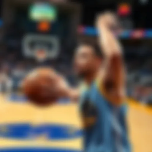 Stephen Curry struggling on the court with a focused expression as he aims to shoot a basketball