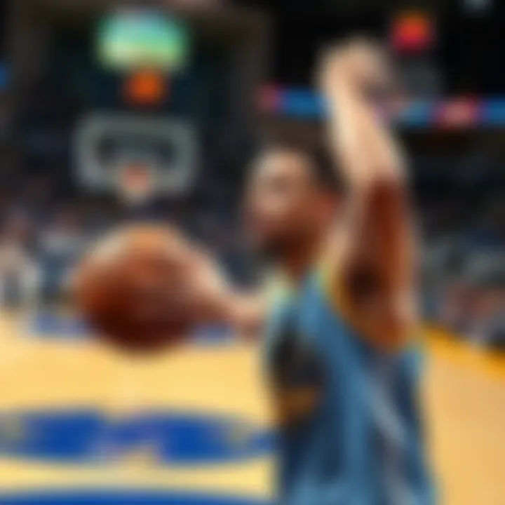 Curry shooting during a game Stephen Curry struggling on the court with a focused expression as he aims to shoot a basketball