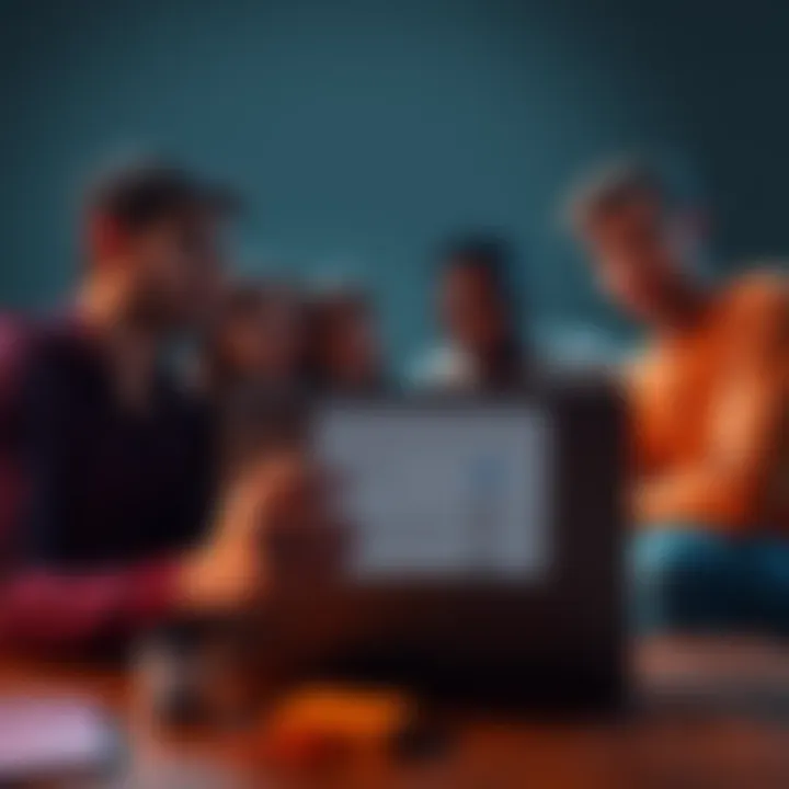 A group of people discussing online posts, looking intrigued and concerned, with a laptop open showing a forum page about cursed content.
