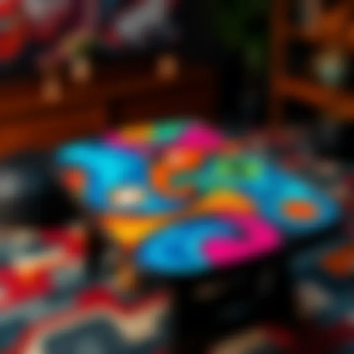 A colorful custom felt design on a home game table, showcasing different patterns and styles popular among gamers.