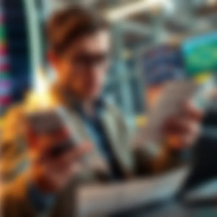 A concerned customer holding paperwork while looking at their phone, indicating frustration over delayed funds
