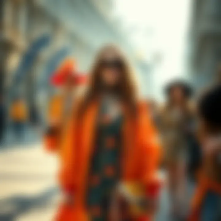A model showcasing trendy spring outfits inspired by Czech fashion, featuring colorful fabrics and unique styles.