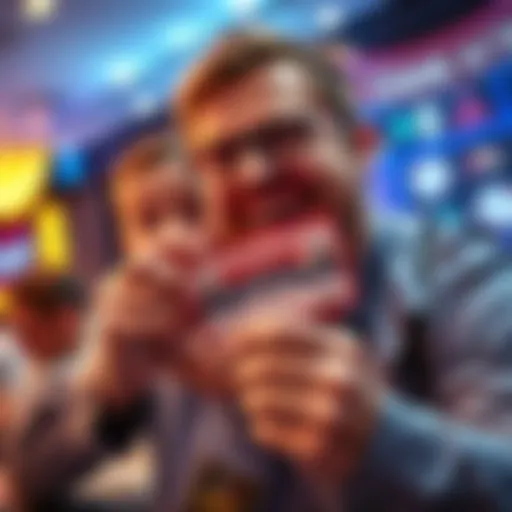 A joyful dad holding a poker ticket with a baby in the background, symbolizing his dream to play at the WSOP Main Event