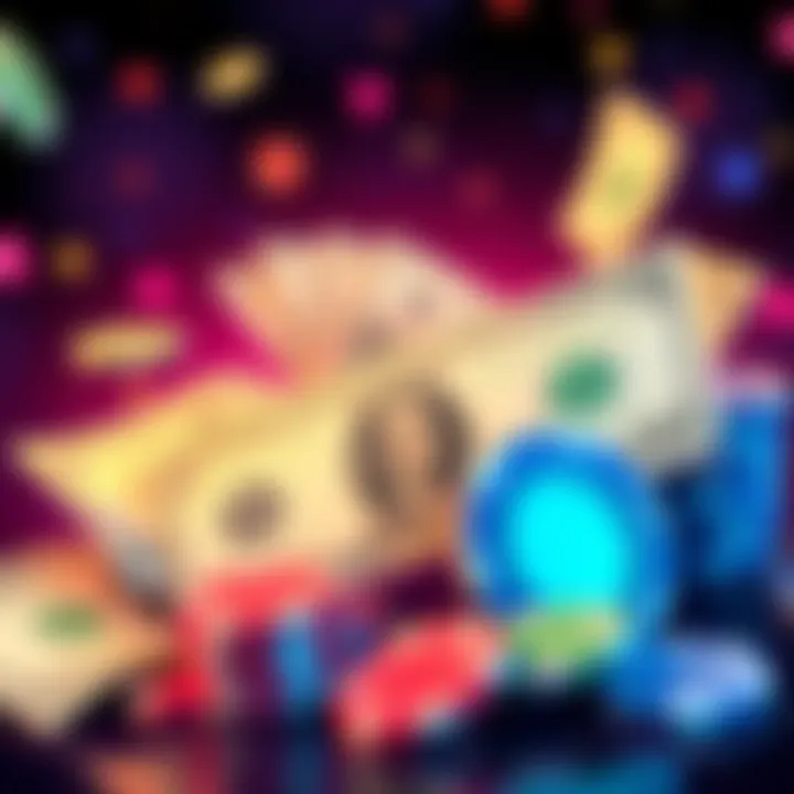 A colorful illustration of dollar bills and casino chips representing daily bonuses at Stake.us Casino