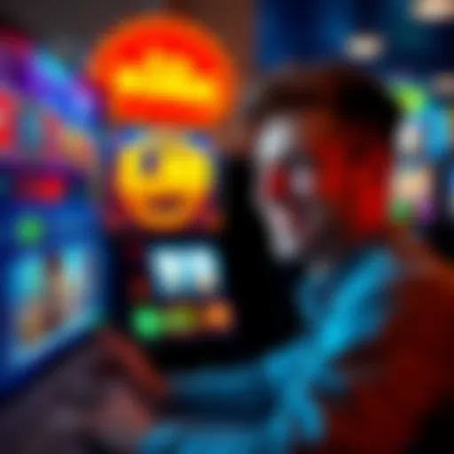 A person smiling while looking at a computer screen showing online slot games with bonus alerts