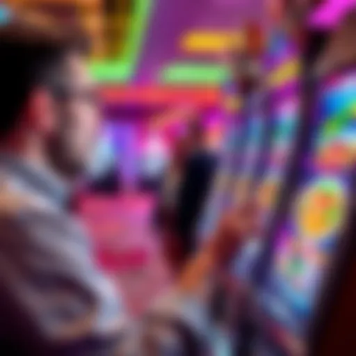 A person playing a slot machine with bonus icons on the screen in a lively casino environment