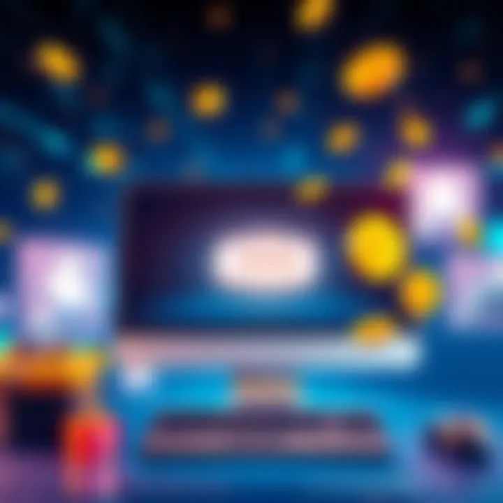 Illustration showing a computer screen with a login button and rewards popping up like coins and gift boxes.