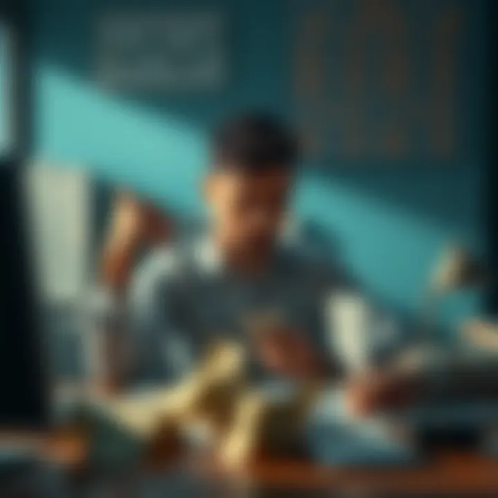 Daily Losses Representation A person sitting at a desk, looking at financial slips with a concerned expression, symbolizing daily losses and their impacts.