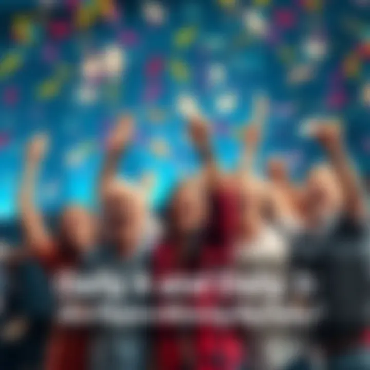 Daily 4 and Daily 3 Lottery Celebration A group of happy lottery players celebrating their wins with tickets in hand and confetti falling around them.