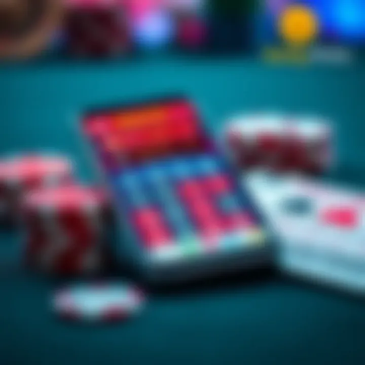 A close-up of a smartphone displaying a daily picks casino app with colorful graphics and number selections, alongside a stack of casino chips and a lottery ticket.