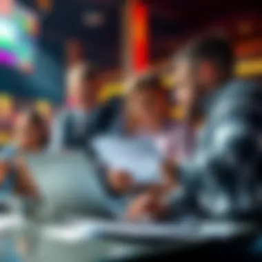 Group of people discussing sports betting strategies with a laptop and papers