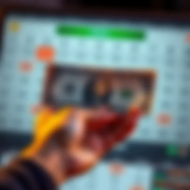 A hand holding a dollar bill with a calendar showing daily betting plans, representing a betting strategy.
