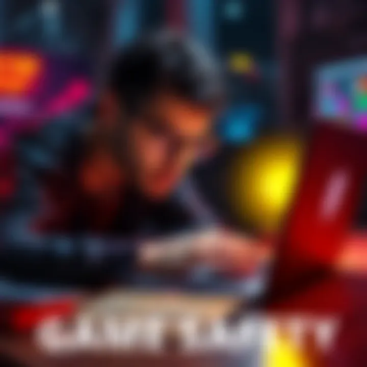 A concerned player researching game safety on a laptop with a shield icon representing security.