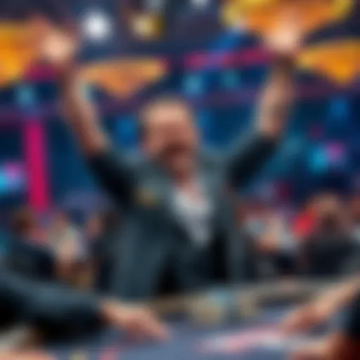 Daniel Negreanu raises his arms in celebration at the poker table, showing excitement after a successful hand at the World Series of Poker.