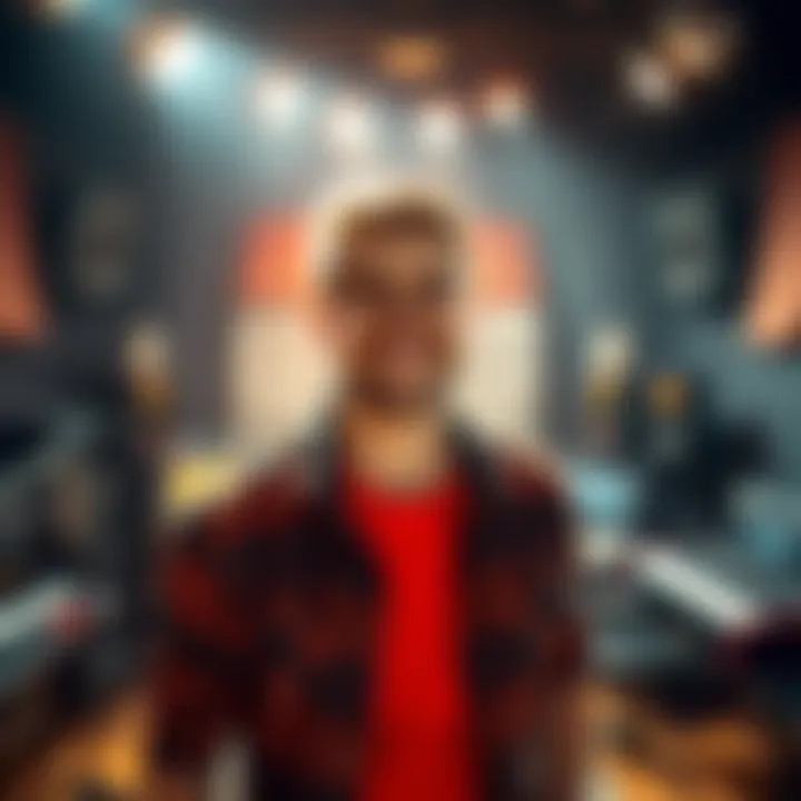 Danny Wolf stands in a recording studio, smiling confidently, surrounded by musical equipment and bright lights.