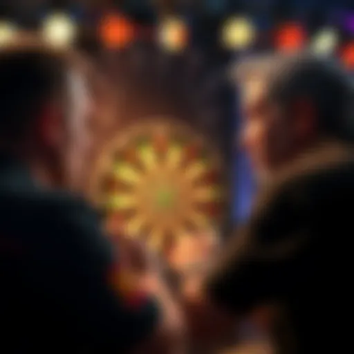 Two players competing in a darts match at the PDC World Championship, focusing on the dartboard and player concentration.