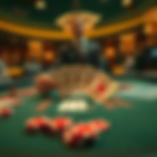 A dealer at a blackjack table reveals three blackjacks, showing cards and chips scattered around, highlighting the tension in the game.