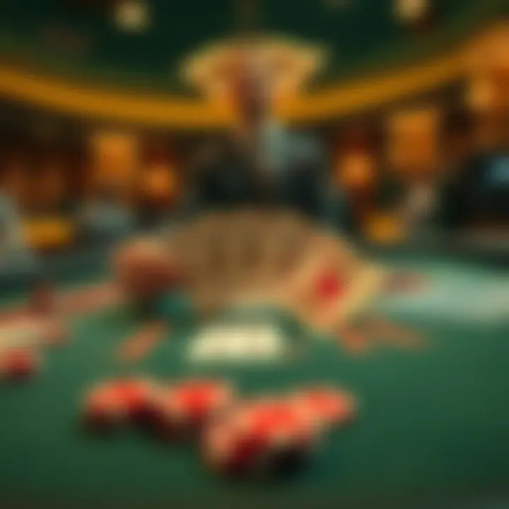 A dealer at a blackjack table reveals three blackjacks, showing cards and chips scattered around, highlighting the tension in the game.