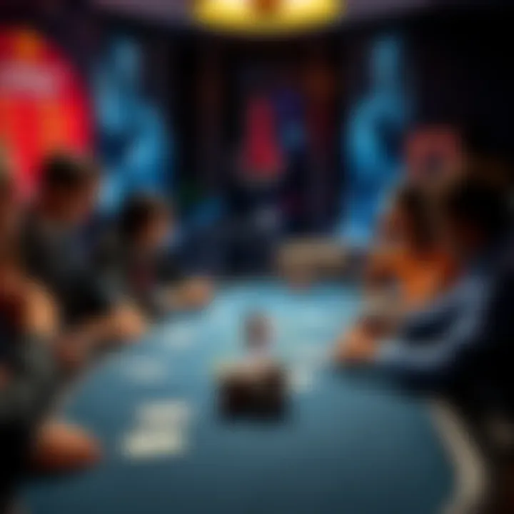 A dealer knocking on the table in a card game while players watch attentively, discussing the rules of timing for scooping bets.