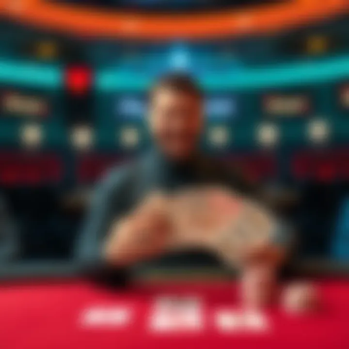 A blackjack dealer stands at a table, revealing cards that total a soft 16, with a friendly smile and focused expression.
