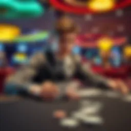 A young dealer at a casino table contemplating his career change from poker to blackjack, with cards and chips in front of him.