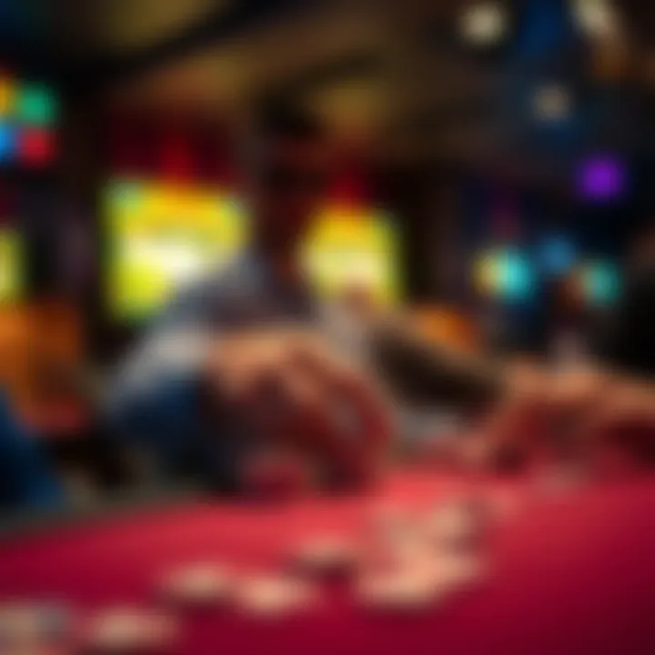 A dealer at a social club taking chips from a player's stack to provide change.