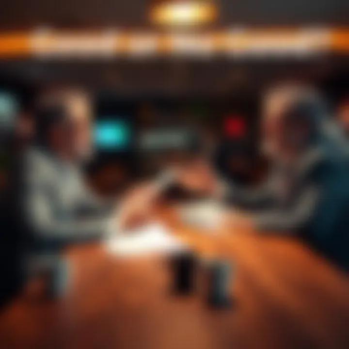 Two people discussing pros and cons of a topic at a table with papers and cups