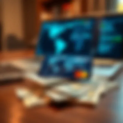 A debit card on a table next to cash and a laptop, symbolizing online financial transactions