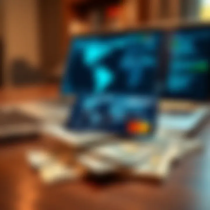 A debit card on a table next to cash and a laptop, symbolizing online financial transactions