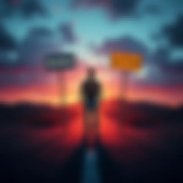 A person standing at a crossroads, weighing options with signs for 'Action' and 'Let It Be'.