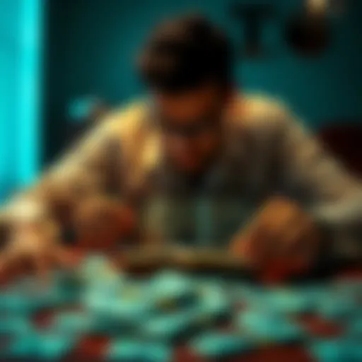 A person contemplating choices with an empty wallet on the table and bills scattered around, reflecting on life decisions during financial strain.